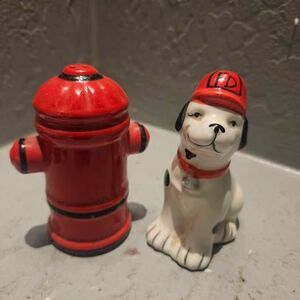 Dalmatian Firefighter Dog and Fire Hydrant Ceramic Salt and Pepper Shakers